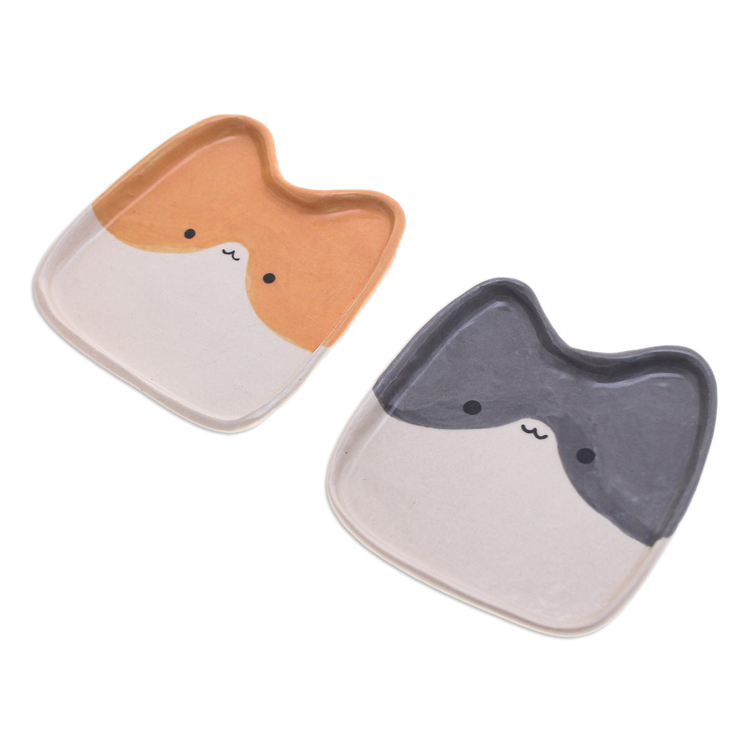 Set of 2 Cat-Shaped Black and Orange Ceramic Catchalls - Dual Felines