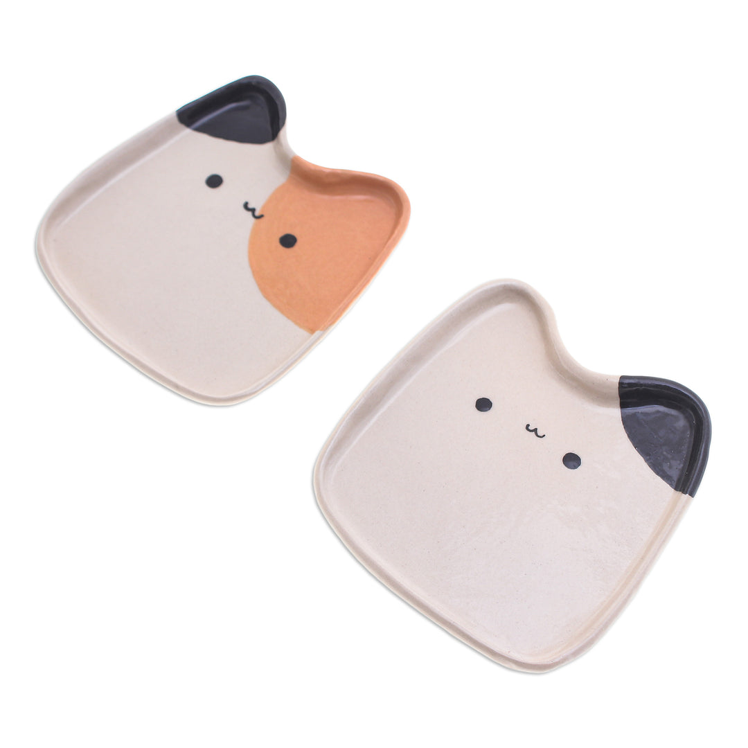 Set of 2 Cat-Shaped Spotted Ceramic Catchalls - Spotted Felines