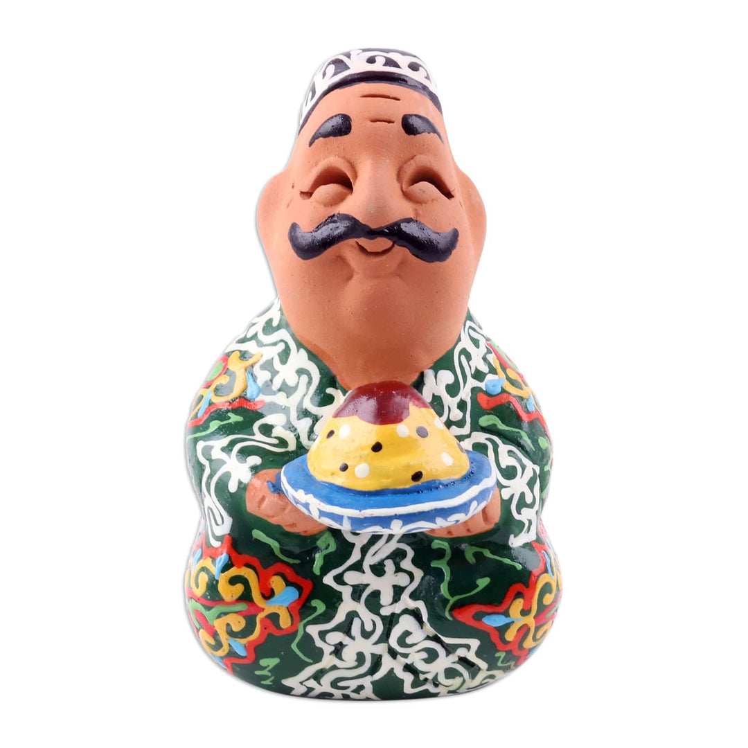Uzbek Painted Faience Style Porcelain Man in Robe Figurine - Afandi Plov in Green