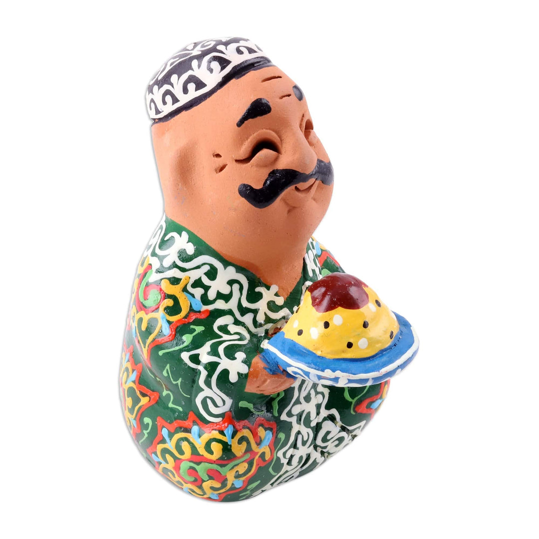 Uzbek Painted Faience Style Porcelain Man in Robe Figurine - Afandi Plov in Green