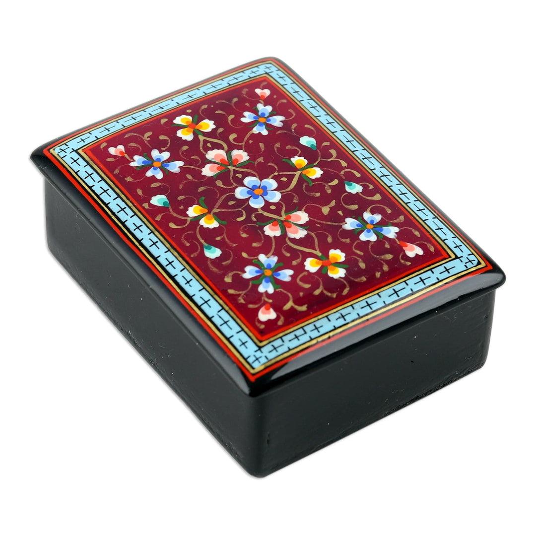 Lacquered Painted Floral Burgundy Papier Mache Jewelry Box - Blooming Palace