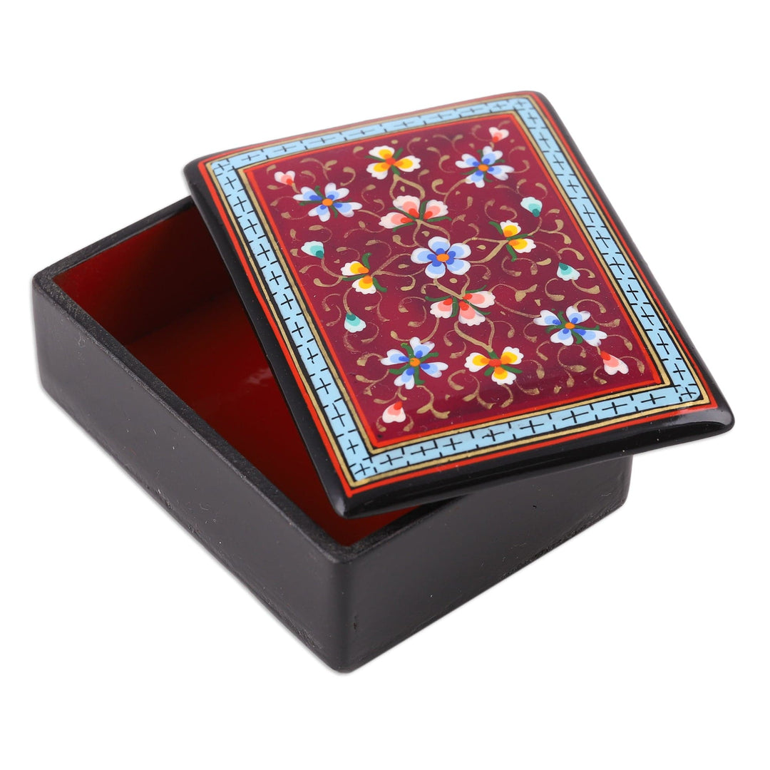 Lacquered Painted Floral Burgundy Papier Mache Jewelry Box - Blooming Palace