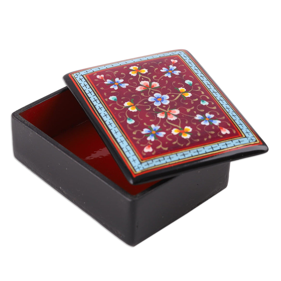 Lacquered Painted Floral Burgundy Papier Mache Jewelry Box - Blooming Palace