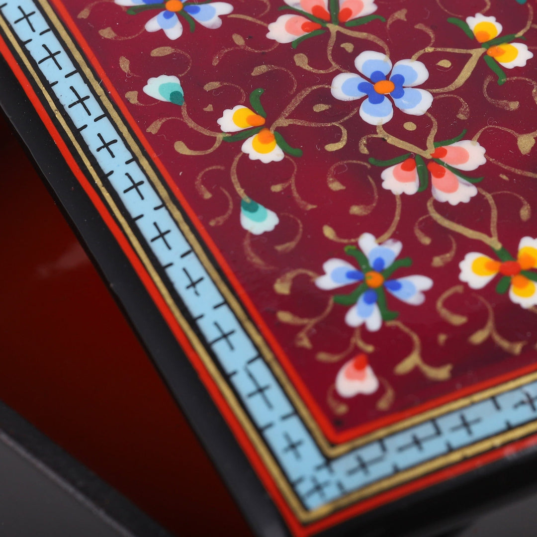 Lacquered Painted Floral Burgundy Papier Mache Jewelry Box - Blooming Palace