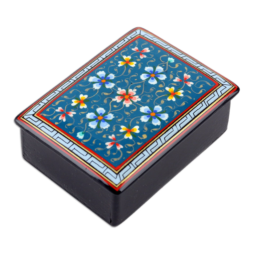 Lacquered Painted Floral Teal Papier Mache Jewelry Box - Blooming Lagoon