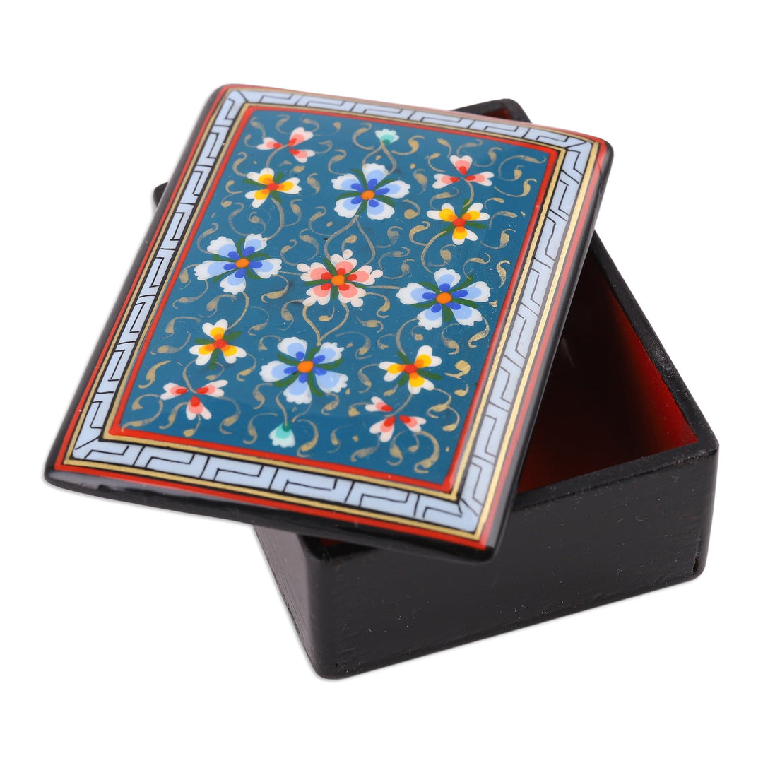 Lacquered Painted Floral Teal Papier Mache Jewelry Box - Blooming Lagoon