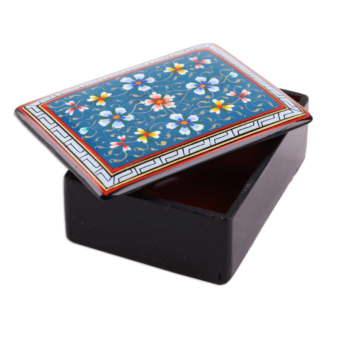 Lacquered Painted Floral Teal Papier Mache Jewelry Box - Blooming Lagoon