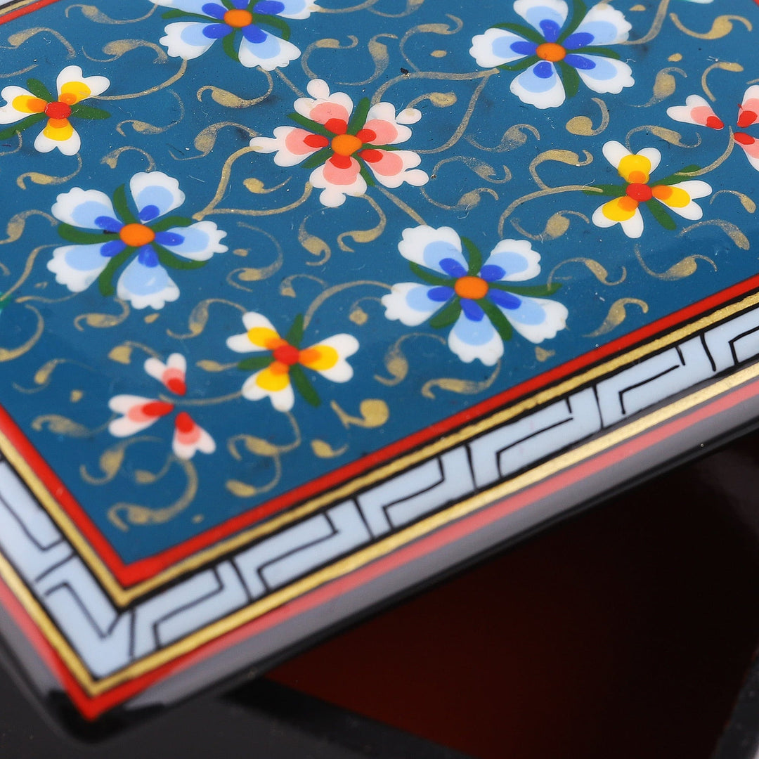 Lacquered Painted Floral Teal Papier Mache Jewelry Box - Blooming Lagoon