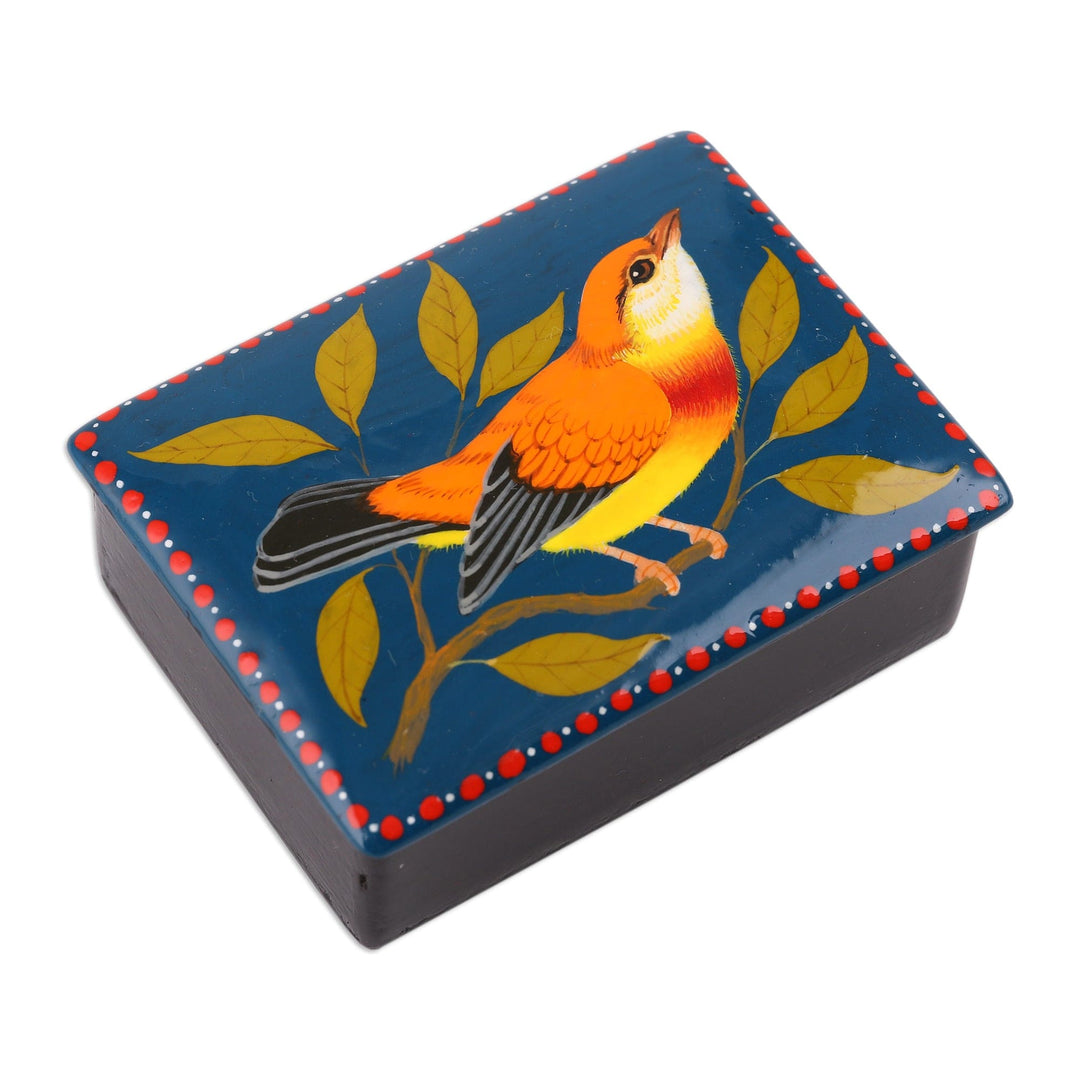 Hand-Painted Bird-Themed Teal Papier Mache Jewelry Box - Lagoon's Bird