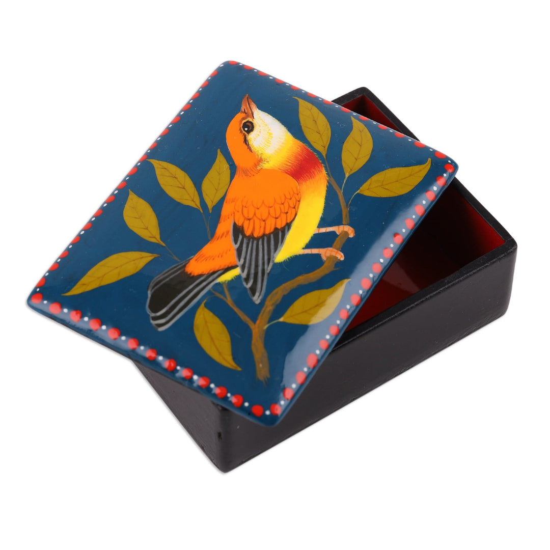 Hand-Painted Bird-Themed Teal Papier Mache Jewelry Box - Lagoon's Bird