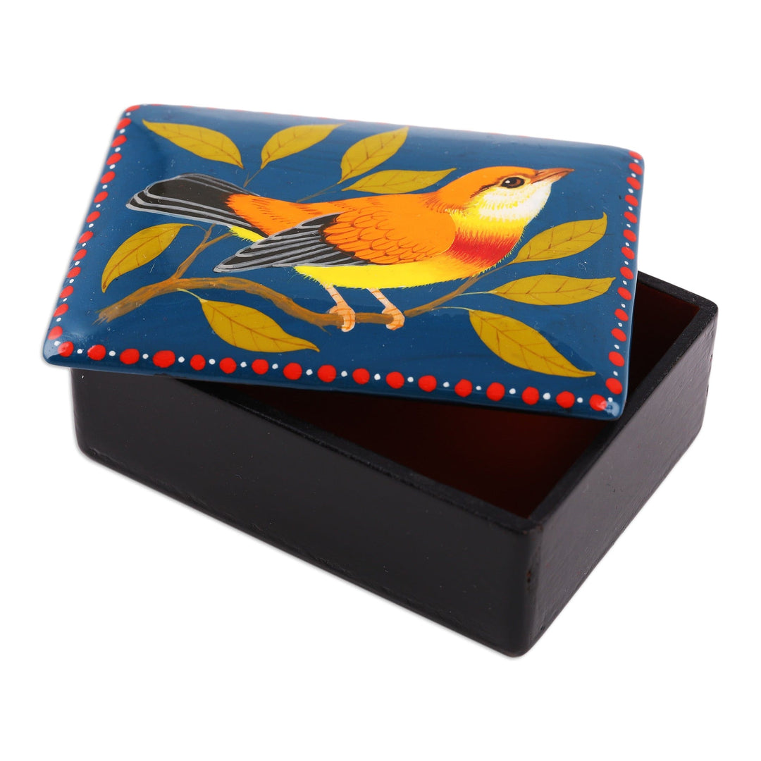 Hand-Painted Bird-Themed Teal Papier Mache Jewelry Box - Lagoon's Bird