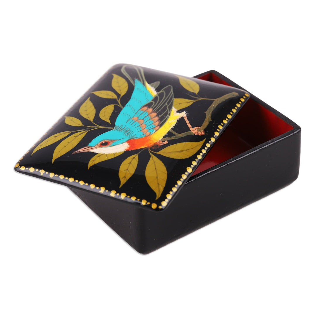 Hand-Painted Bird-Themed Black Papier Mache Jewelry Box - Midnight's Bird