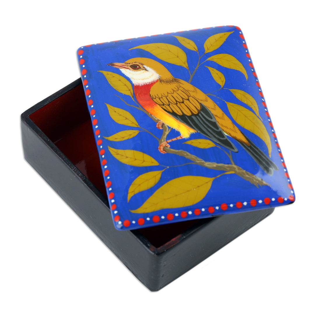 Hand-Painted Bird-Themed Blue Papier Mache Jewelry Box - Paradise's Bird