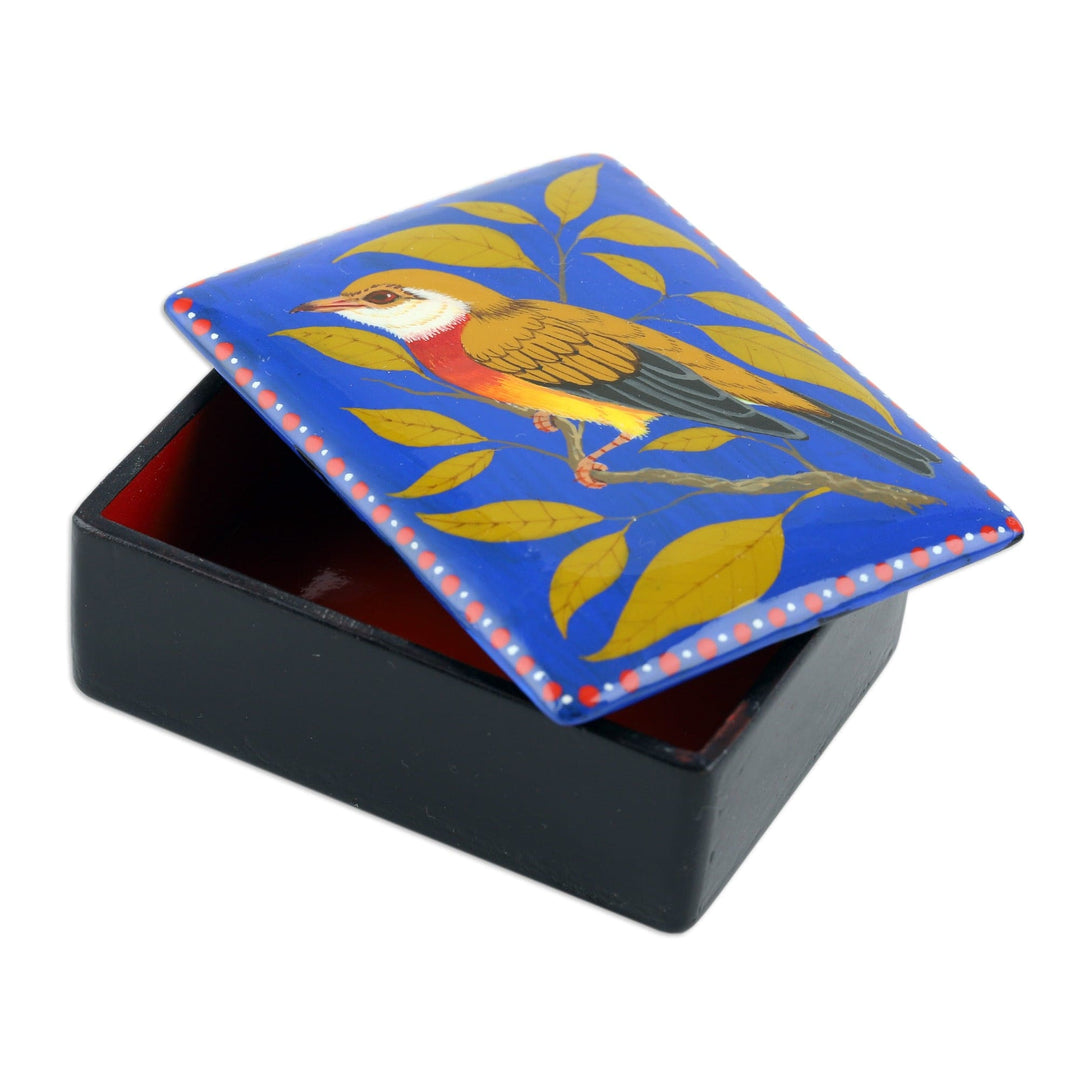 Hand-Painted Bird-Themed Blue Papier Mache Jewelry Box - Paradise's Bird