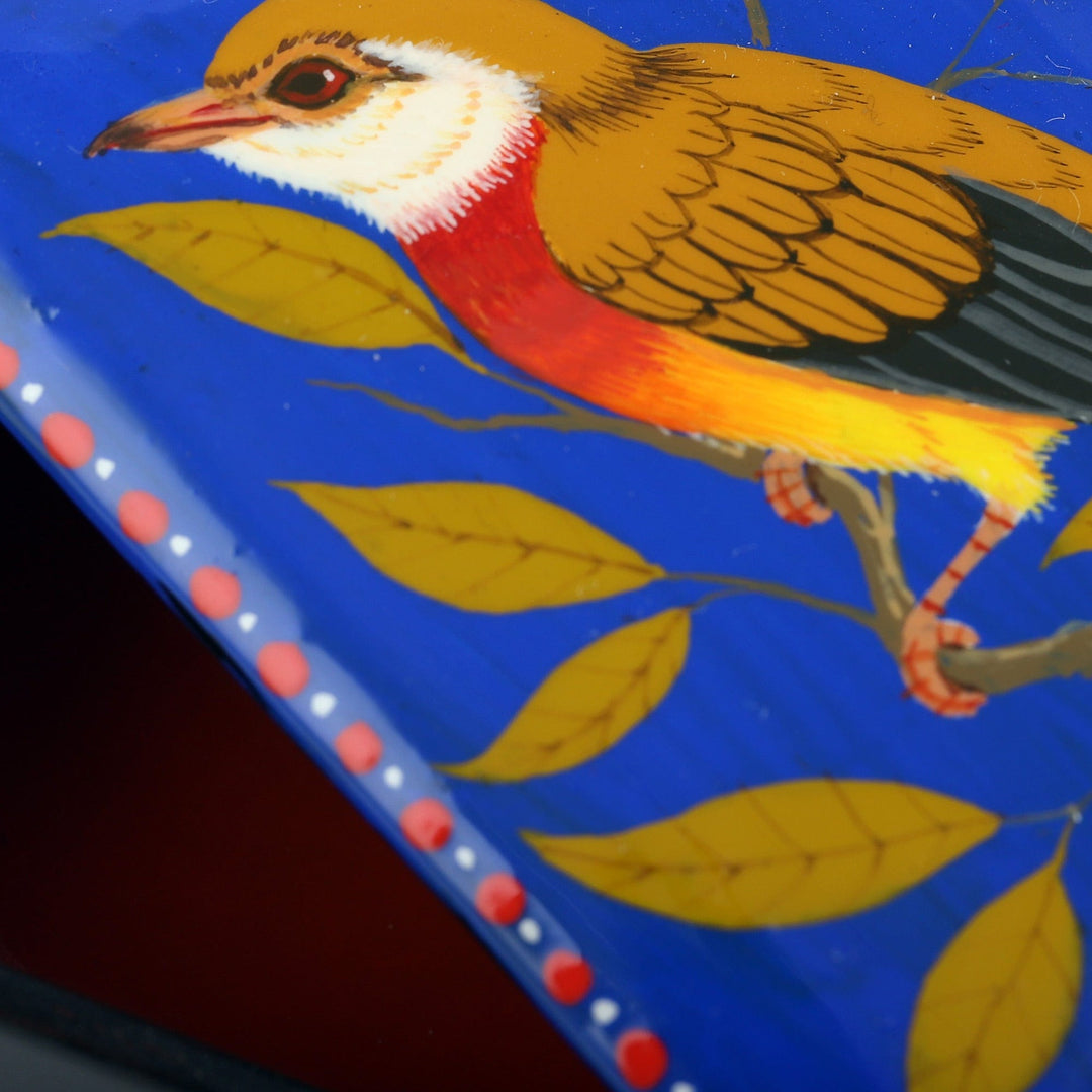 Hand-Painted Bird-Themed Blue Papier Mache Jewelry Box - Paradise's Bird