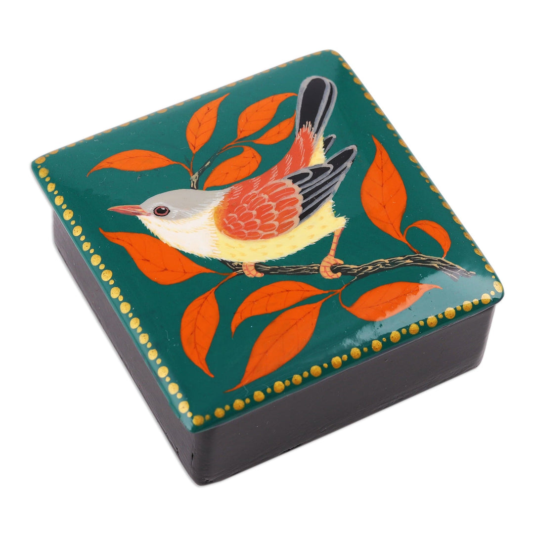 Nature-Themed Painted Bird Papier Mache Jewelry Box in Teal - Birdsong