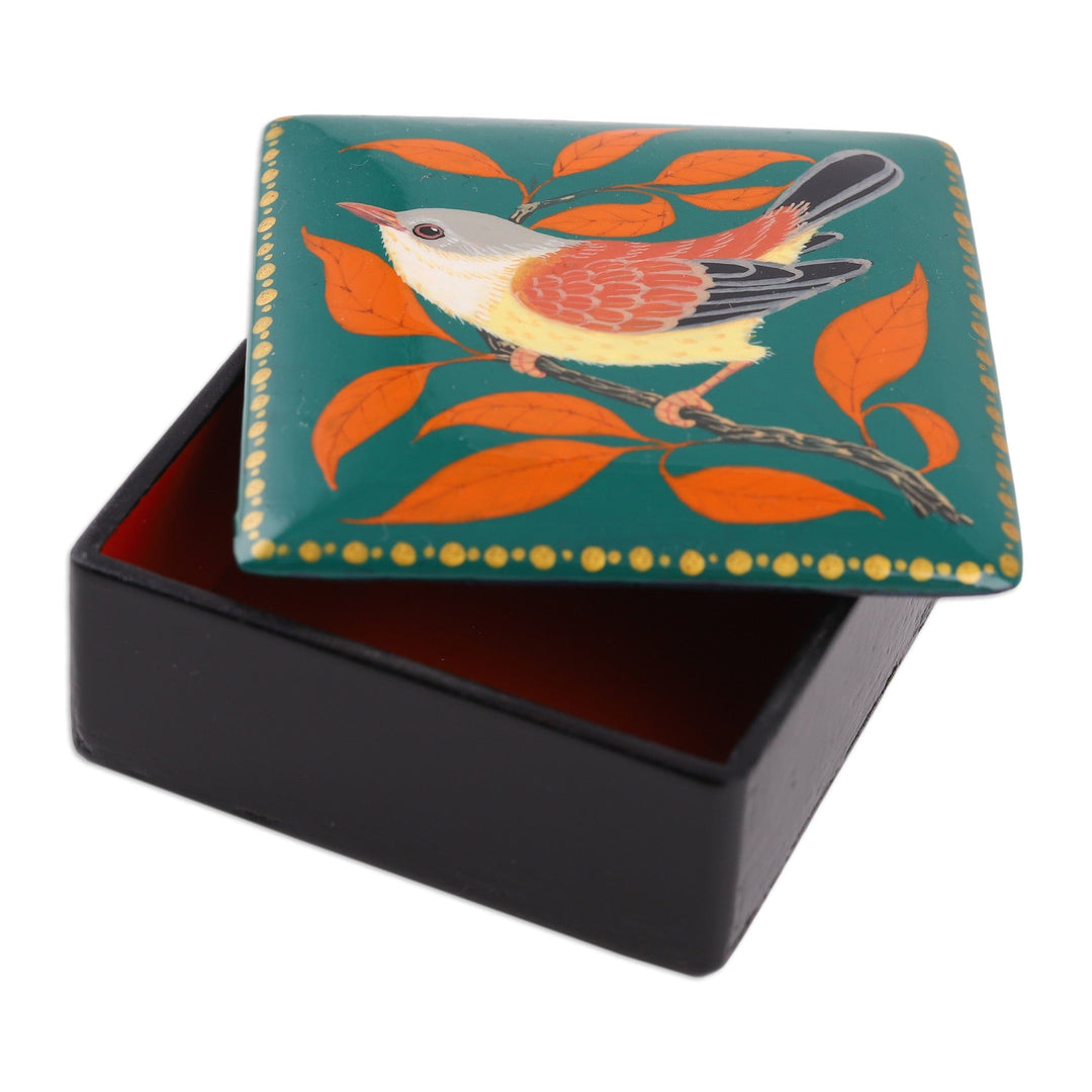 Nature-Themed Painted Bird Papier Mache Jewelry Box in Teal - Birdsong