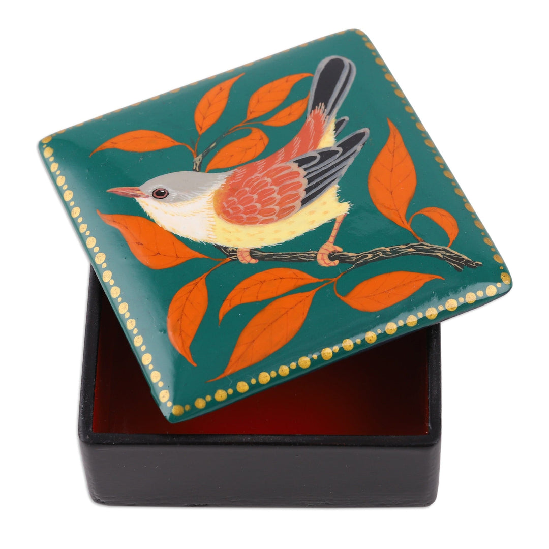 Nature-Themed Painted Bird Papier Mache Jewelry Box in Teal - Birdsong
