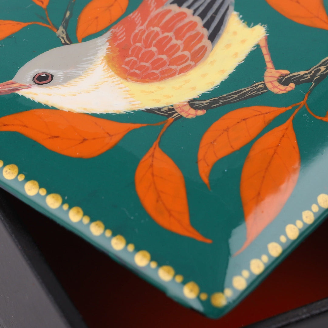 Nature-Themed Painted Bird Papier Mache Jewelry Box in Teal - Birdsong
