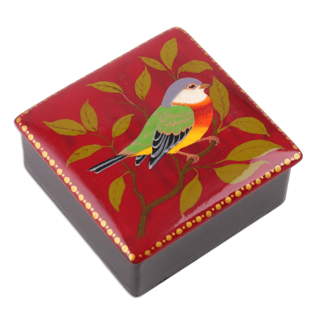 Nature-Themed Painted Bird Papier Mache Jewelry Box in Red - Chant in Red