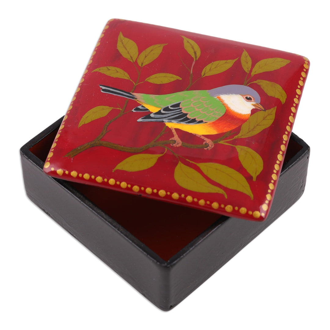 Nature-Themed Painted Bird Papier Mache Jewelry Box in Red - Chant in Red