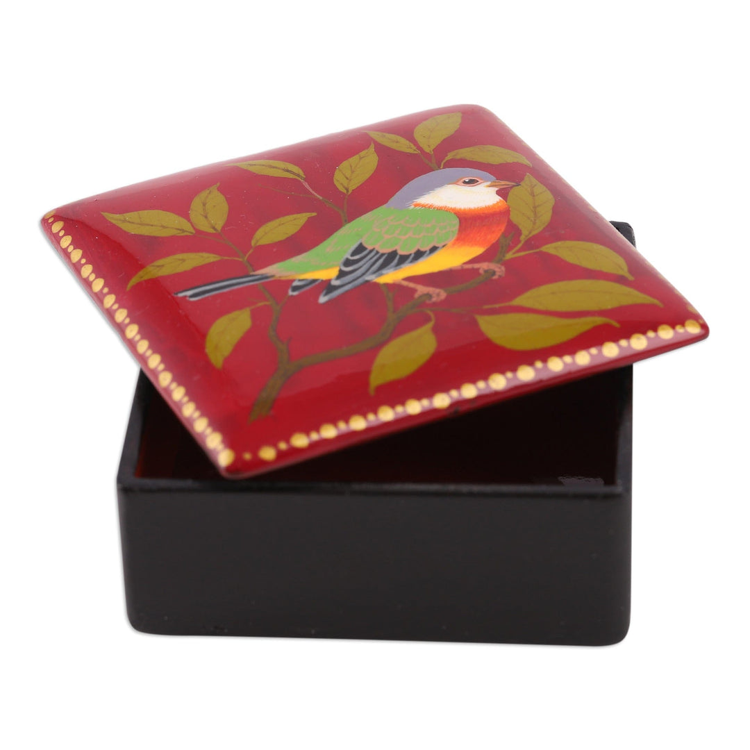 Nature-Themed Painted Bird Papier Mache Jewelry Box in Red - Chant in Red