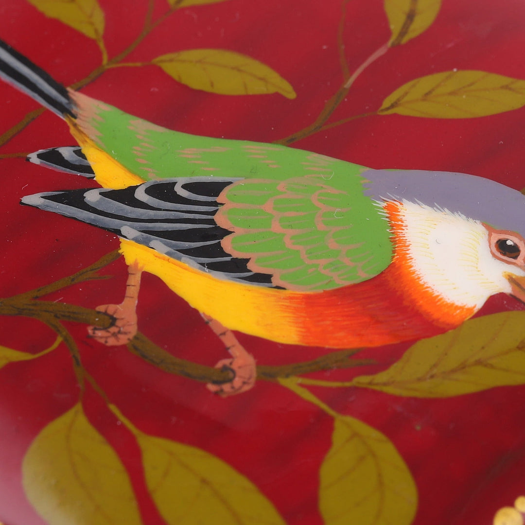 Nature-Themed Painted Bird Papier Mache Jewelry Box in Red - Chant in Red