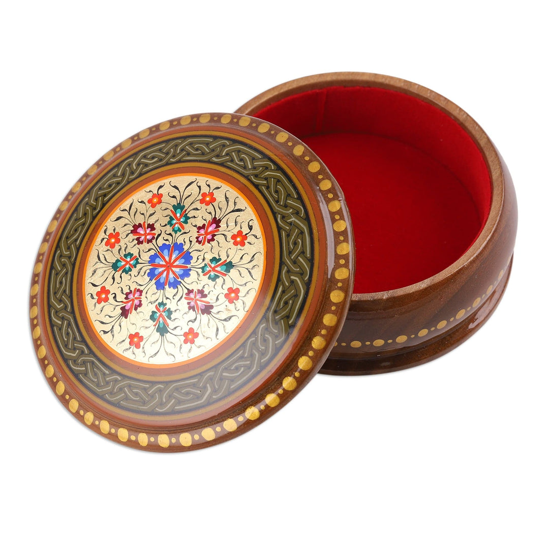 Handcrafted Floral Golden and Brown Walnut Wood Jewelry Box - Cycle of Nobility
