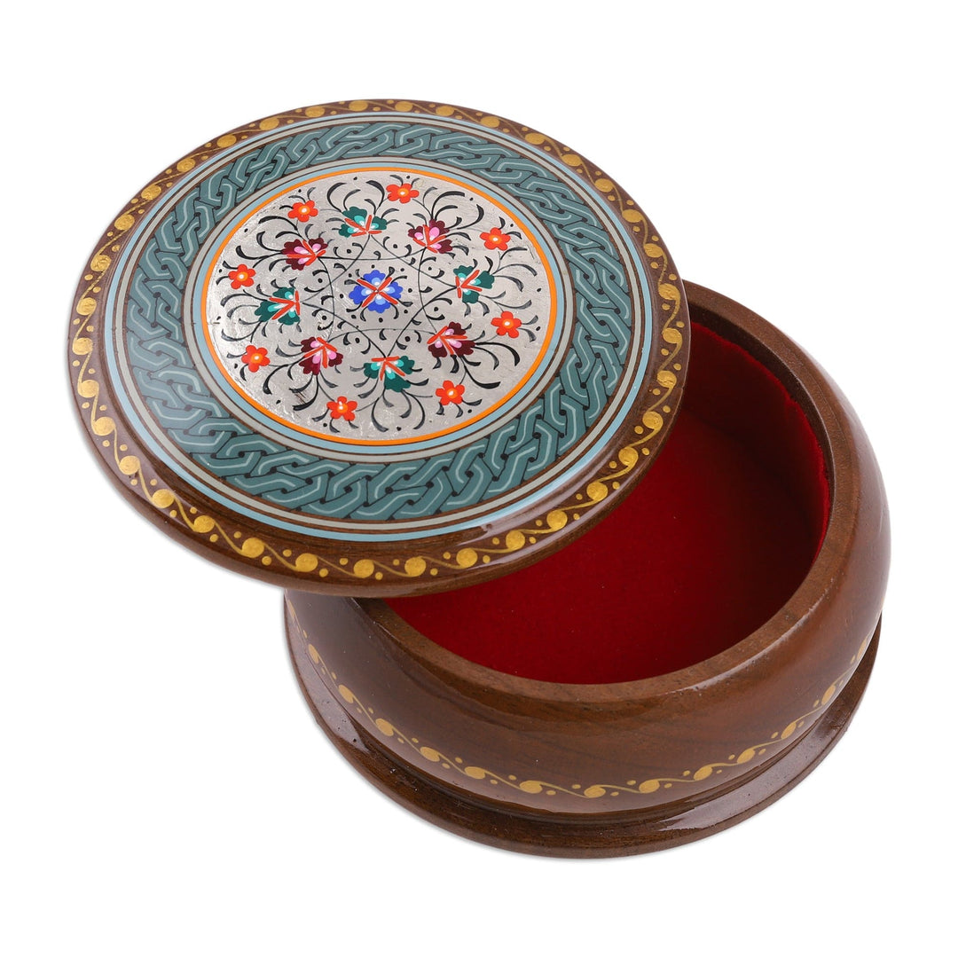 Handcrafted Floral Silver and Brown Walnut Wood Jewelry Box - Cycle of Serenity