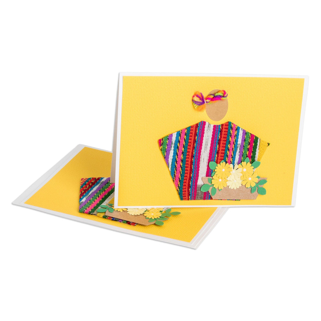 2 Yellow Greeting Cards with Guatemalan Woven Cotton Accents - Floral Greeting