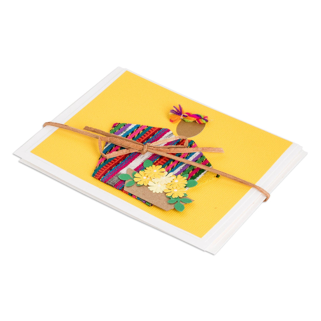 2 Yellow Greeting Cards with Guatemalan Woven Cotton Accents - Floral Greeting