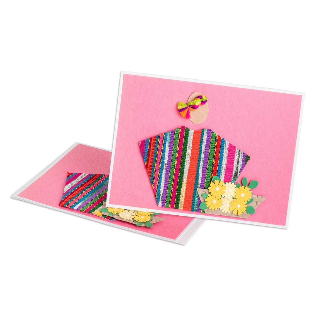 Pair of Pink Greeting Cards with Hand-Woven Cotton Accents - Rose Spring