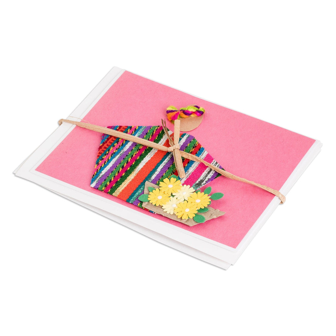 Pair of Pink Greeting Cards with Hand-Woven Cotton Accents - Rose Spring