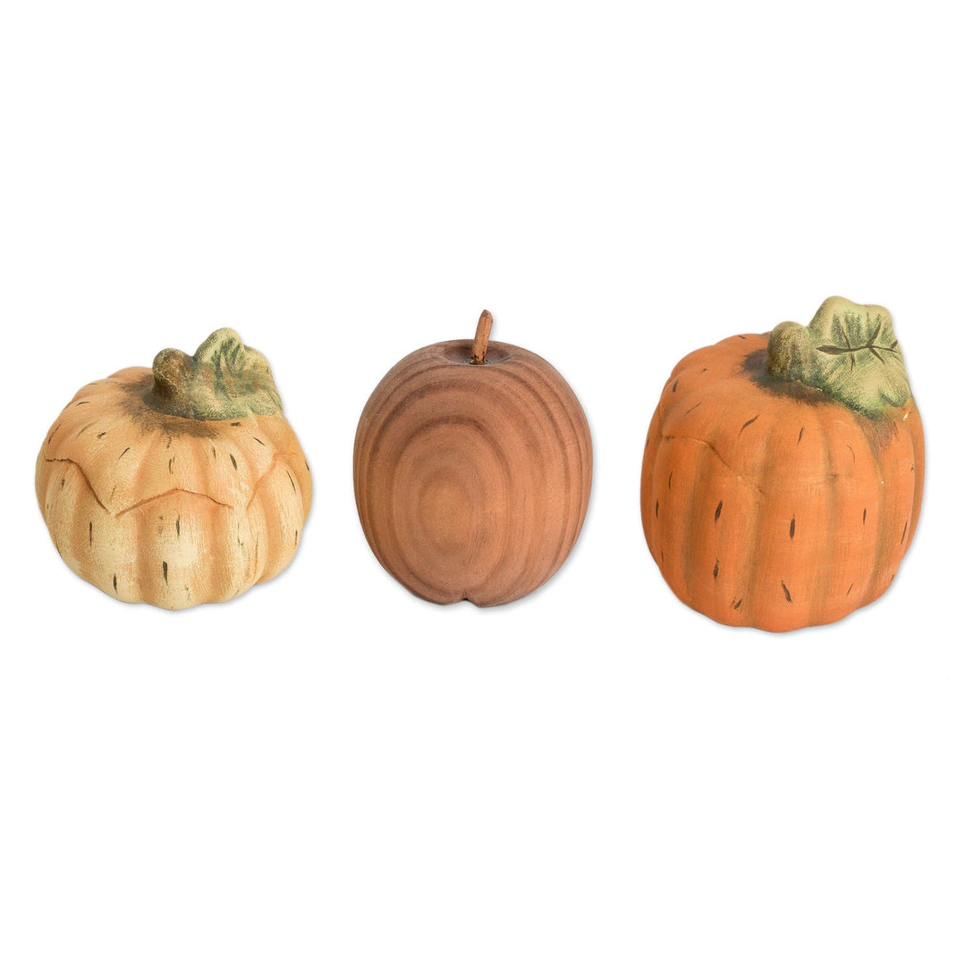 Set of 2 Painted Orange and Yellow Ceramic Pumpkin Figurines - Autumn Pumpkins
