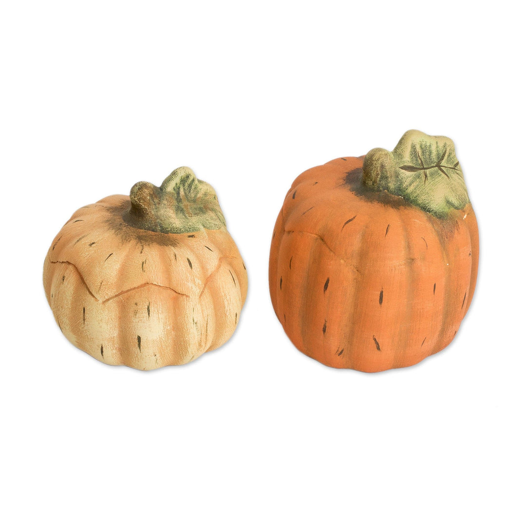 Set of 2 Painted Orange and Yellow Ceramic Pumpkin Figurines - Autumn Pumpkins