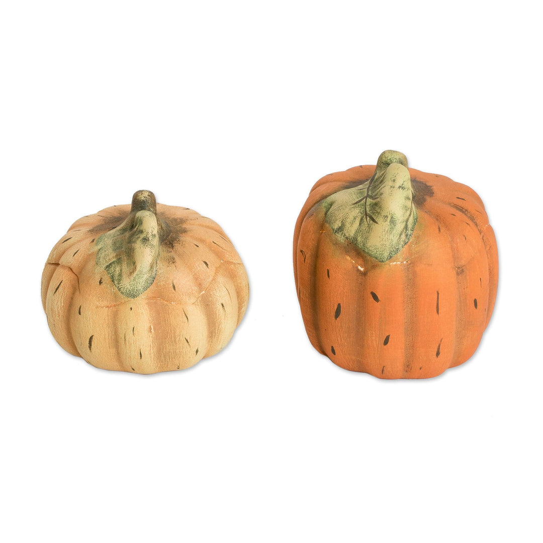 Set of 2 Painted Orange and Yellow Ceramic Pumpkin Figurines - Autumn Pumpkins
