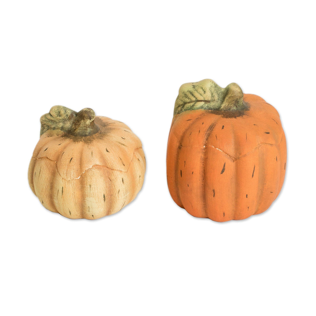 Set of 2 Painted Orange and Yellow Ceramic Pumpkin Figurines - Autumn Pumpkins
