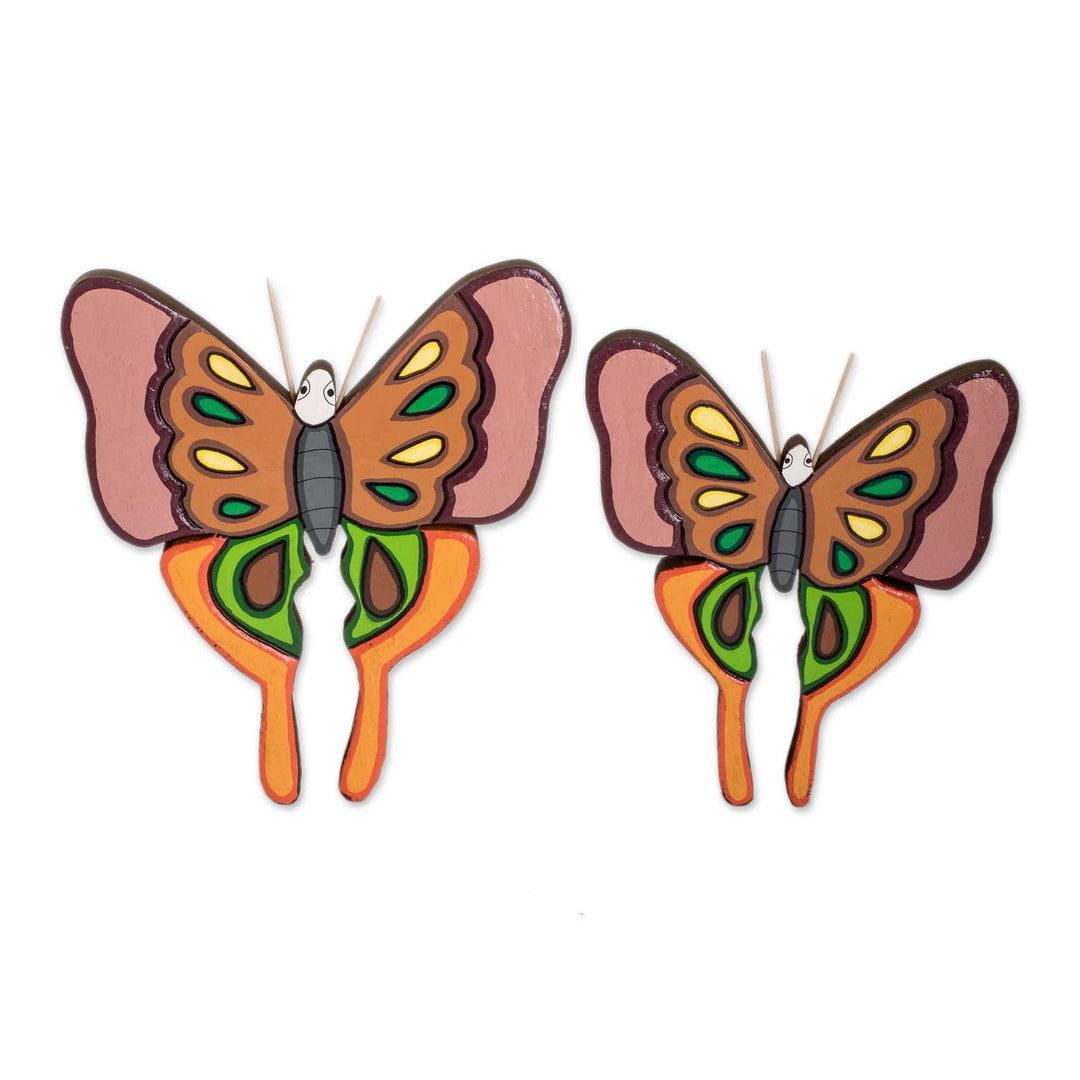 Set of 2 Painted Green and Brown Butterfly Wood Wall Art - Sylvan Flutter