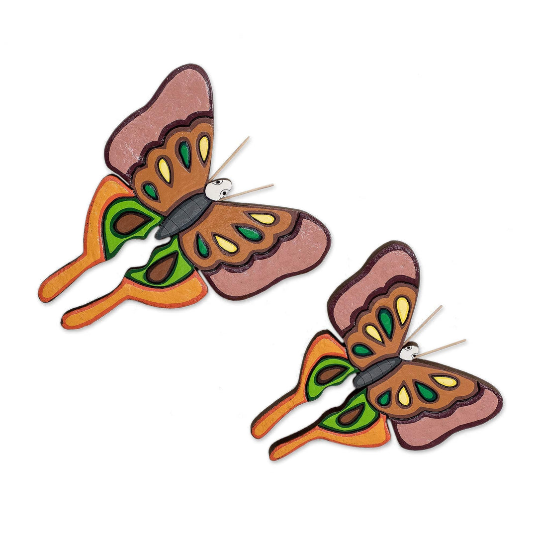 Set of 2 Painted Green and Brown Butterfly Wood Wall Art - Sylvan Flutter