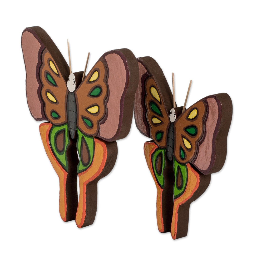 Set of 2 Painted Green and Brown Butterfly Wood Wall Art - Sylvan Flutter