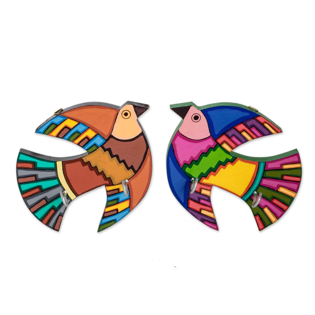 Set of 2 Hand-Painted Bird-Shaped Pinewood Key Holders - Flying Secrets