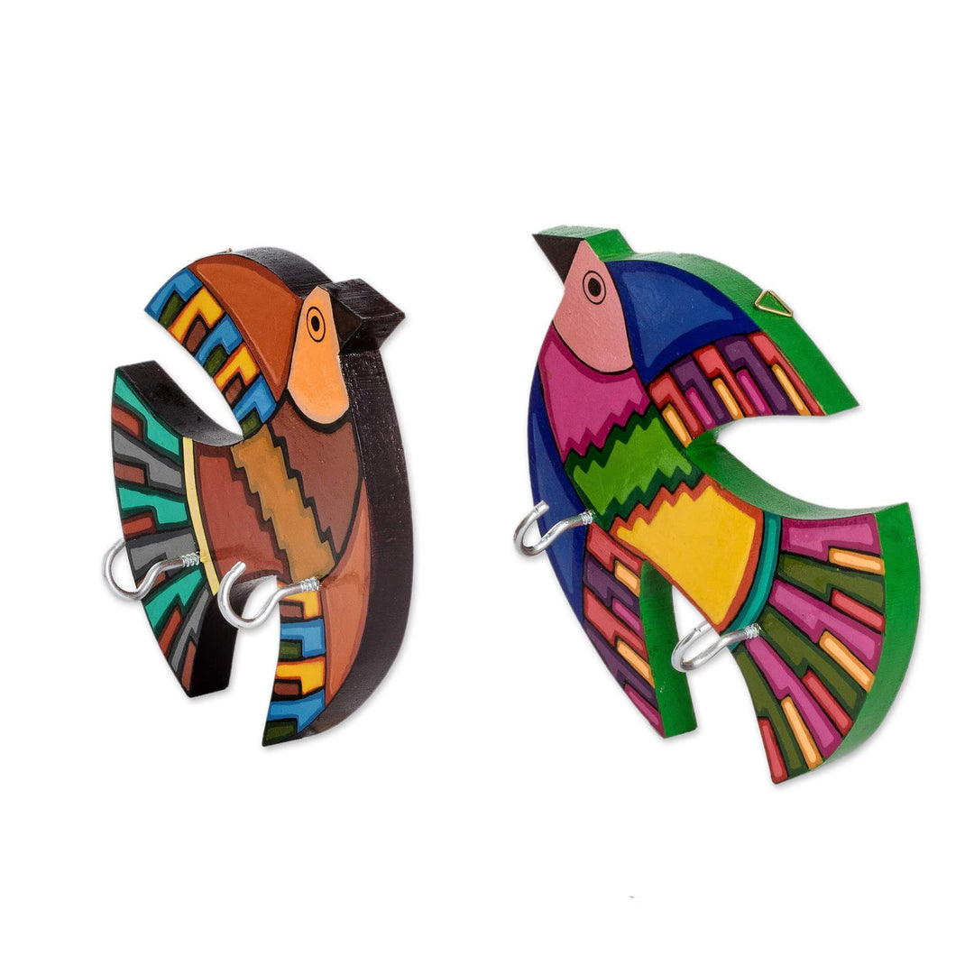 Set of 2 Hand-Painted Bird-Shaped Pinewood Key Holders - Flying Secrets