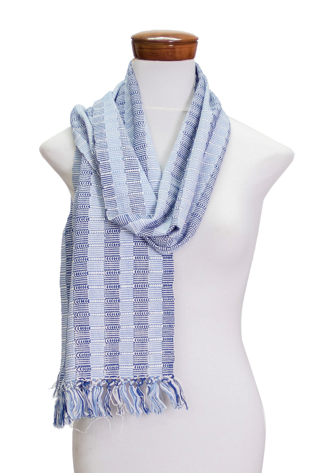 Striped Handwoven White and Blue Fringed Cotton Scarf - Tzutujil Heaven