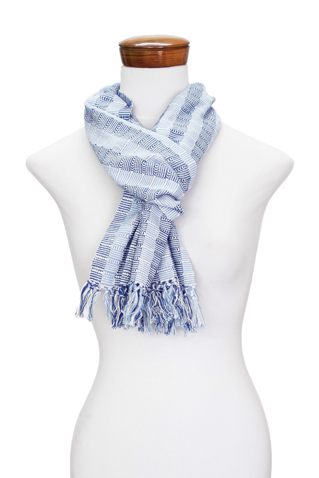 Striped Handwoven White and Blue Fringed Cotton Scarf - Tzutujil Heaven