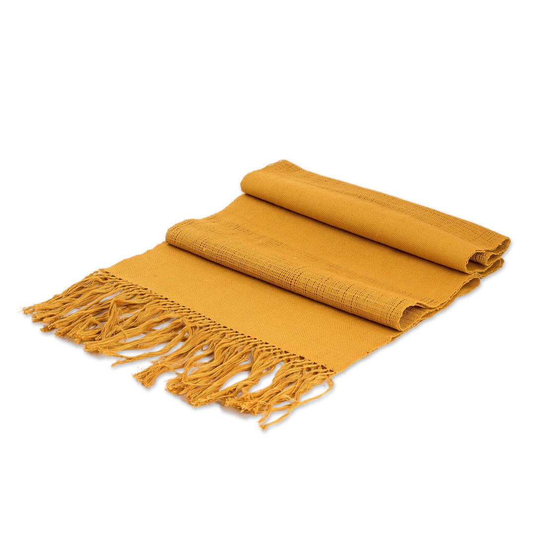 Traditional Handloomed Yellow Cotton Scarf with Fringes - Maya Gold