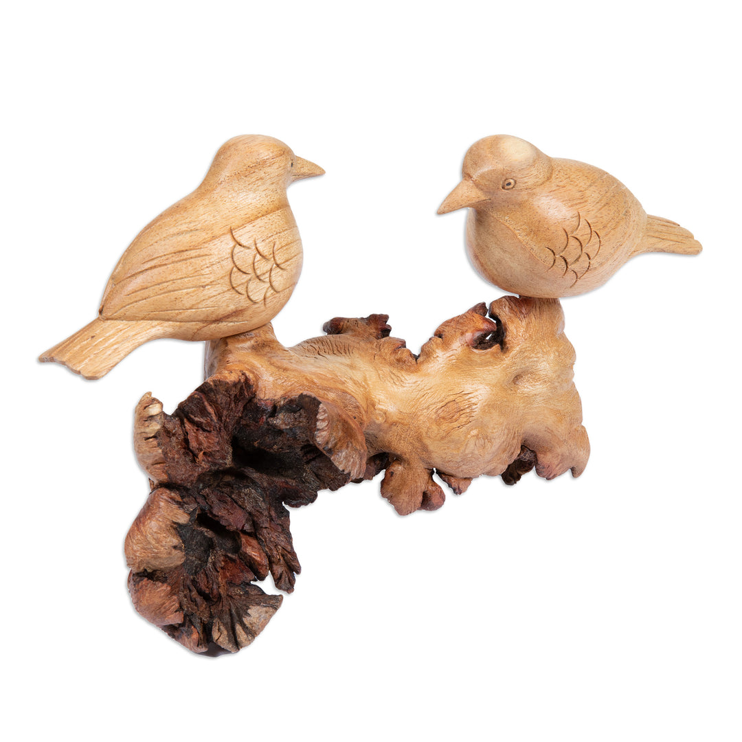 Handcrafted Romantic Jempinis and Benalu Wood Bird Sculpture - Honeymoon Sparrow