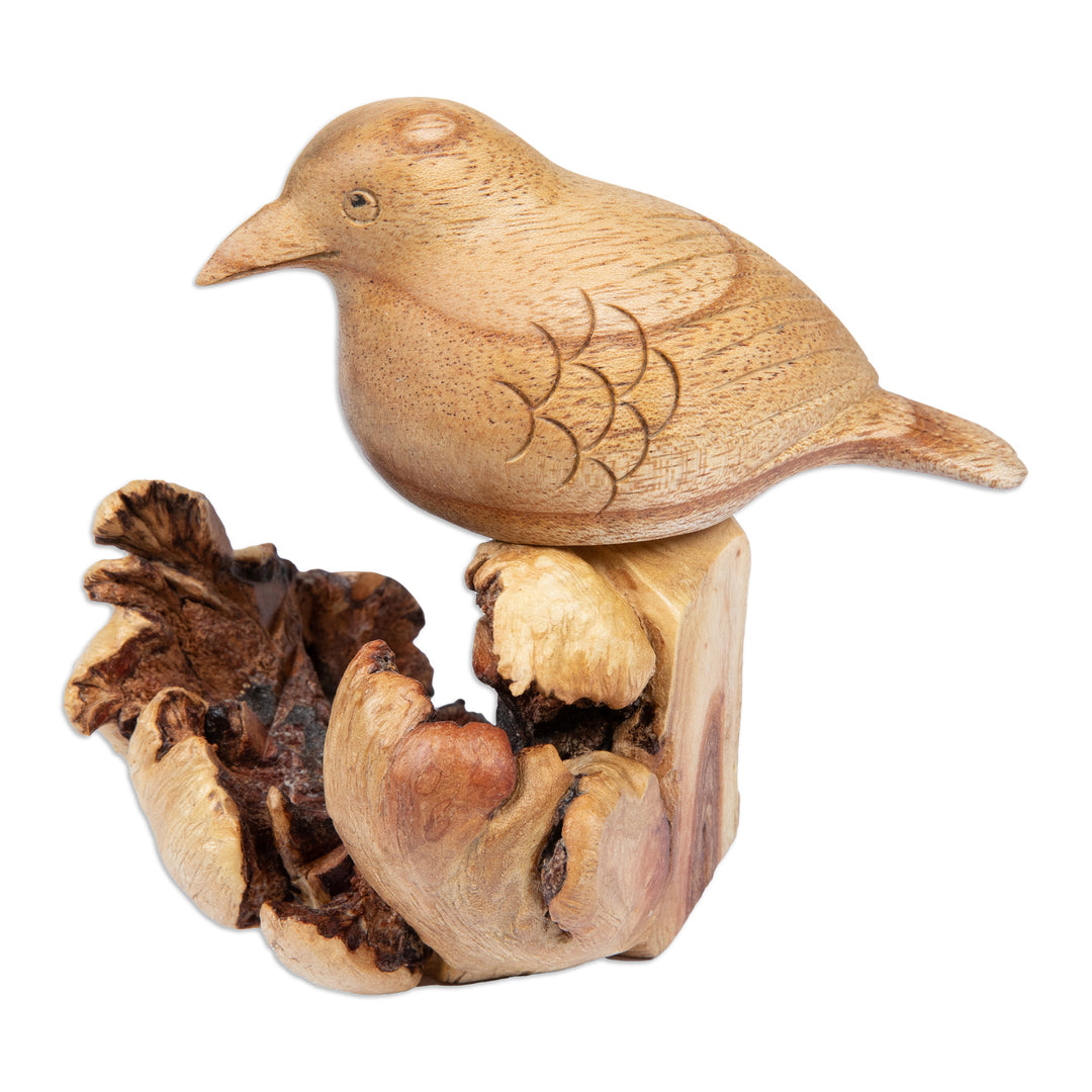 Handcrafted Jempinis and Benalu Wood Bird Sculpture - Single Sparrow