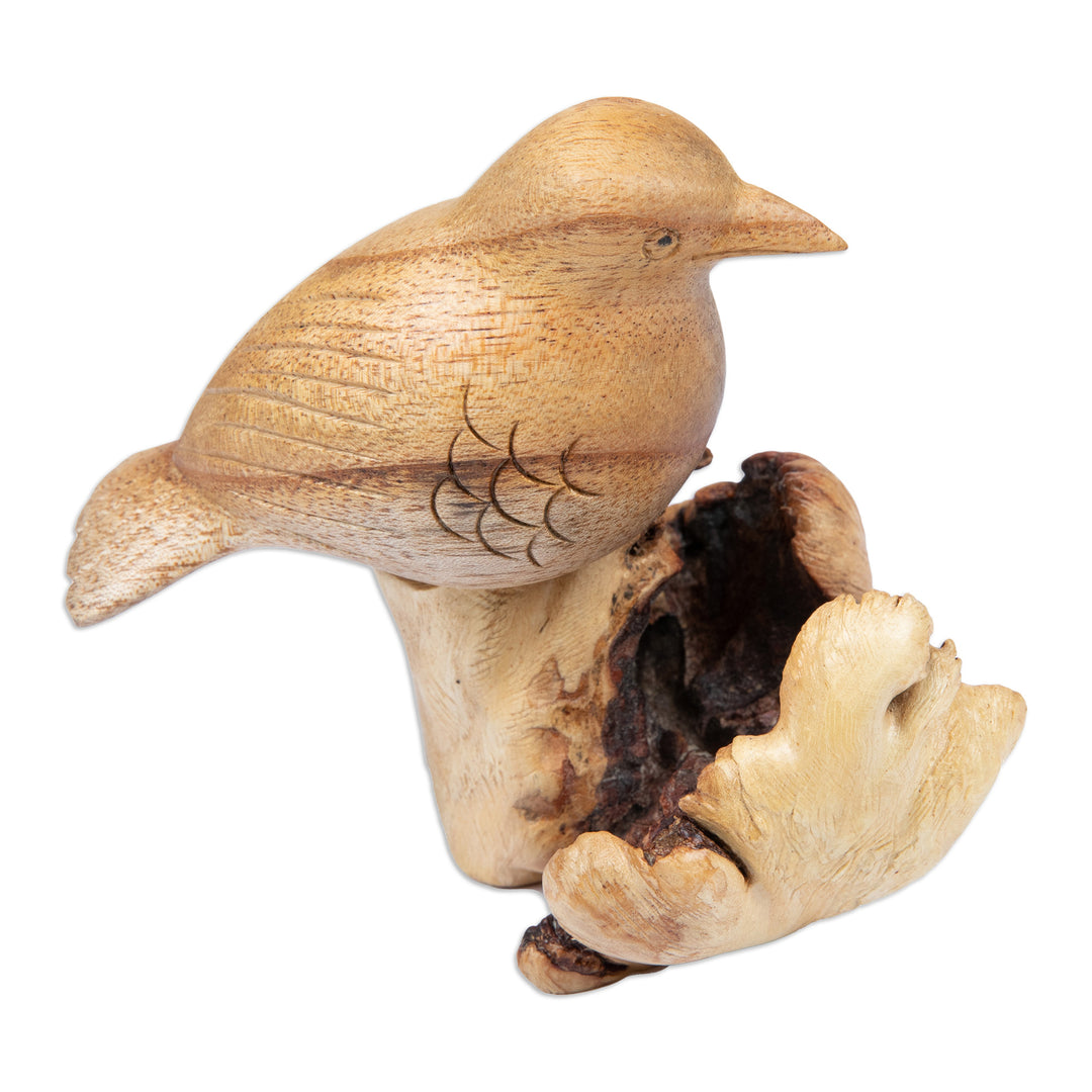 Handcrafted Jempinis and Benalu Wood Bird Sculpture - Single Sparrow