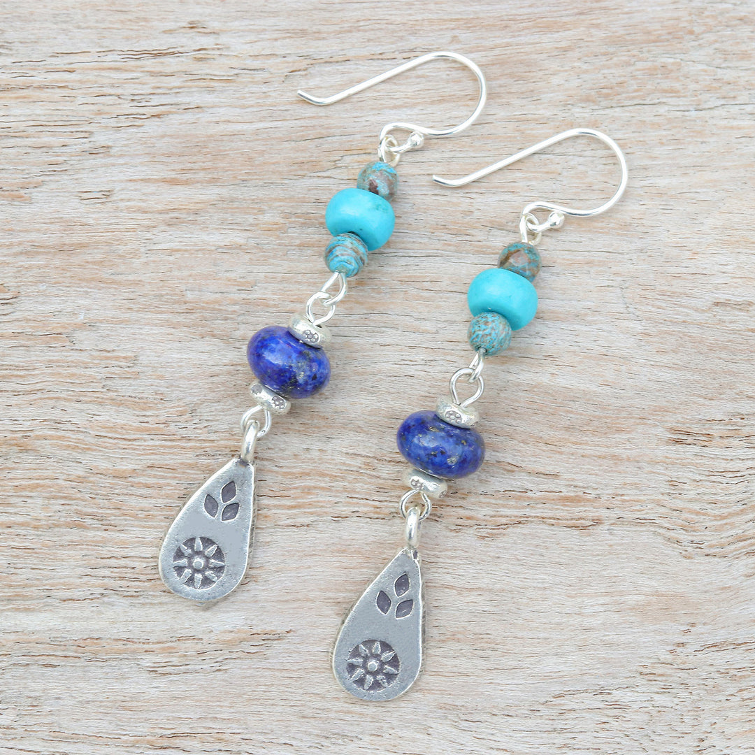 Multi-Gemstone Dangle Earrings with Silver Hill Tribe Motifs - Thai Glam