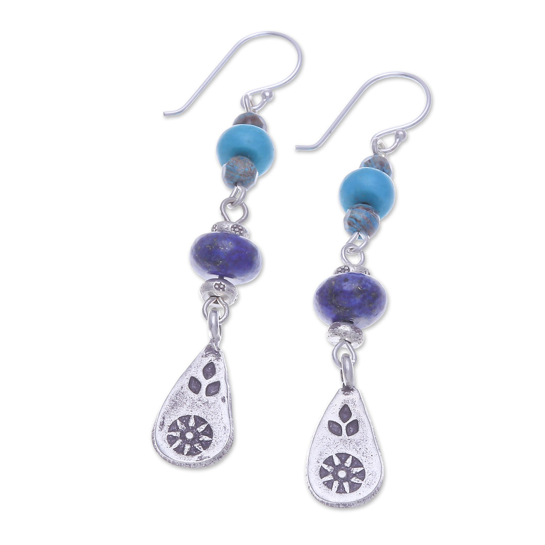 Multi-Gemstone Dangle Earrings with Silver Hill Tribe Motifs - Thai Glam